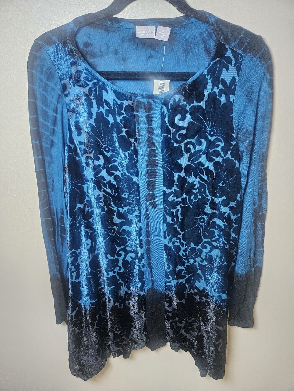 Chico's Zenergy Teal Black Velour Burnout Tunic Top Small Witchy Whimsical